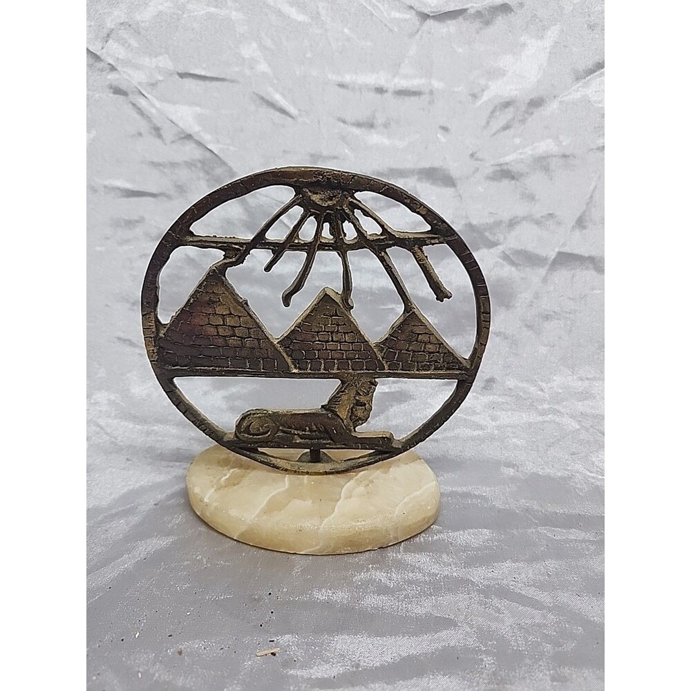 Brass Sphinx on quartz Pyramids Art Decor Figurine Collectible 5.75 x 4.75